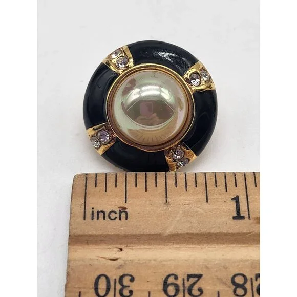Vtg ROMAN COUTURE Black Enamel Rhinestone Cabochon Round Gold Tone Earrings - Picture 7 of 8